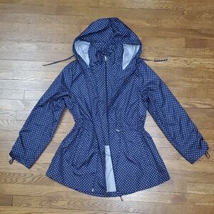 Jones New York Navy Blue White Polka Dot Women's Rain Jacket Coat Size Large